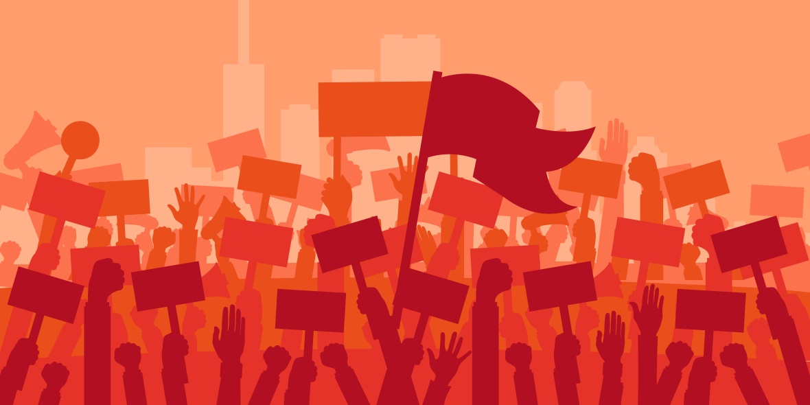 Concept for protest, revolution or conflict. Silhouette crowd of people protesters. Flat vector illustration.